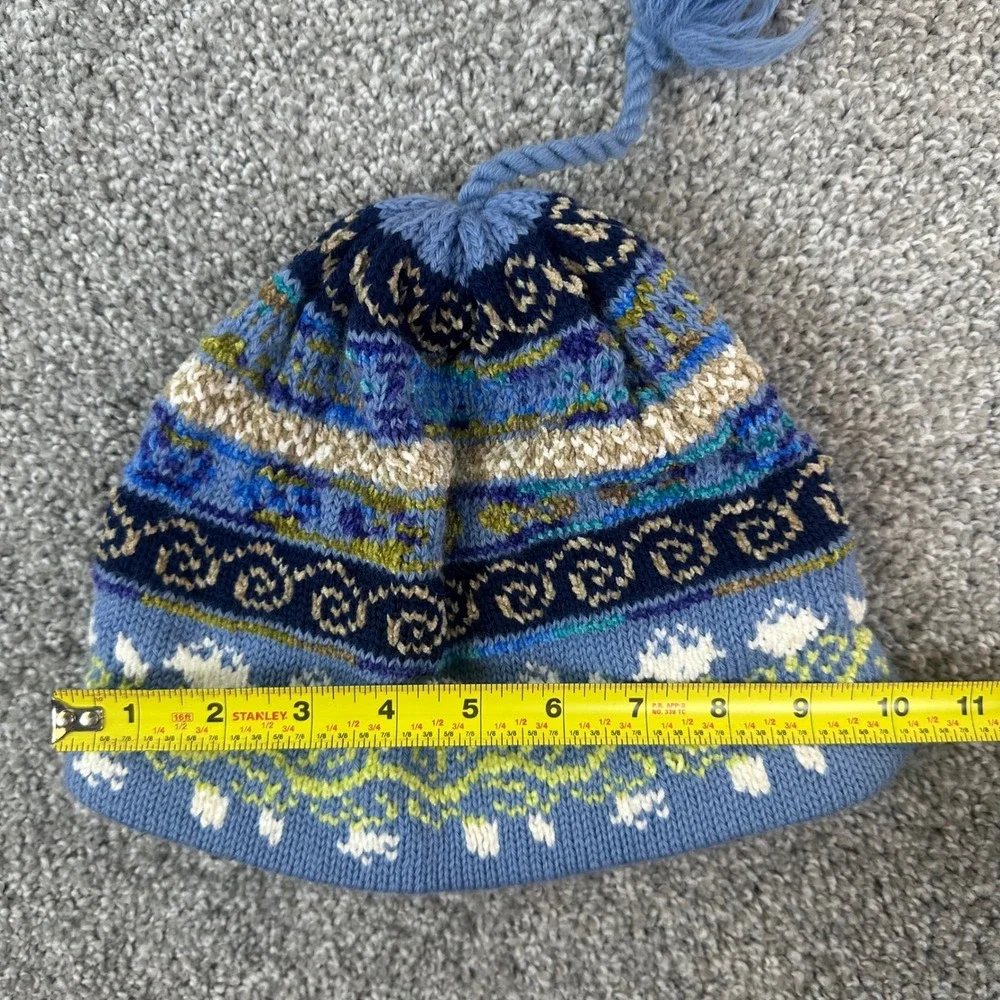 Turtle Fur Adult Blue Fair Isle Knit Beanie Fleece Lined Wool Blend Tassel Hat